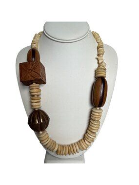 Vintage Chunky Wood Bone Beaded Necklace Boho Tribal Ethnic Statement